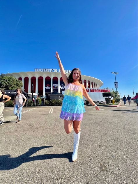 Sequin Dress White, Rainbow Sequin Dress, Hslot Outfit, White Cowboy Boots, Harry Styles Concert, Rainbow Dress, Butterfly Clips, Eras Tour, Dress White