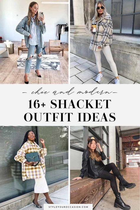 Looking for ways to style a shacket? This list of shacket outfit ideas for women is full of chic and modern aesthetic looks for spring, summer, fall, and winter. There’s casual options with leggings, beige shacket ideas, plaid shacket options, denim shacket looks, elevated outfits with a leather shacket, and ways to wear a shacket for work, running errands, or date night. Plus size or petite, no matter your body shape you need a shacket in your wardrobe! Sweatpants And Shacket Outfit, How To Style Denim Shacket, Gray And White Shacket Outfit, How To Style An Oversized Shacket, Outfits With A Shacket, Shacket Layering Outfit, Shacket And Tennis Shoes, How To Wear Shacket Casual, Dressy Shacket Outfit Women