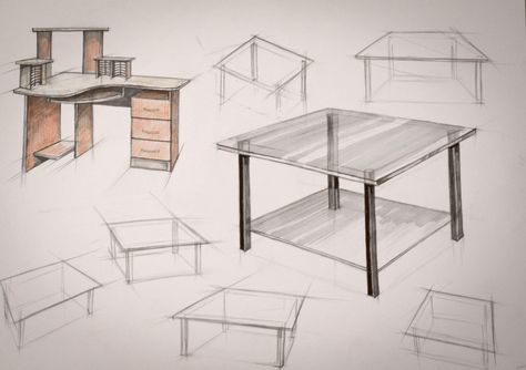 Coffee Table Sketch Drawings, Table Perspective Drawing, Perspective Exercises, Table Perspective, Object Study, Isometric Sketch, Table Sketch, Sketching Practice, Furniture History