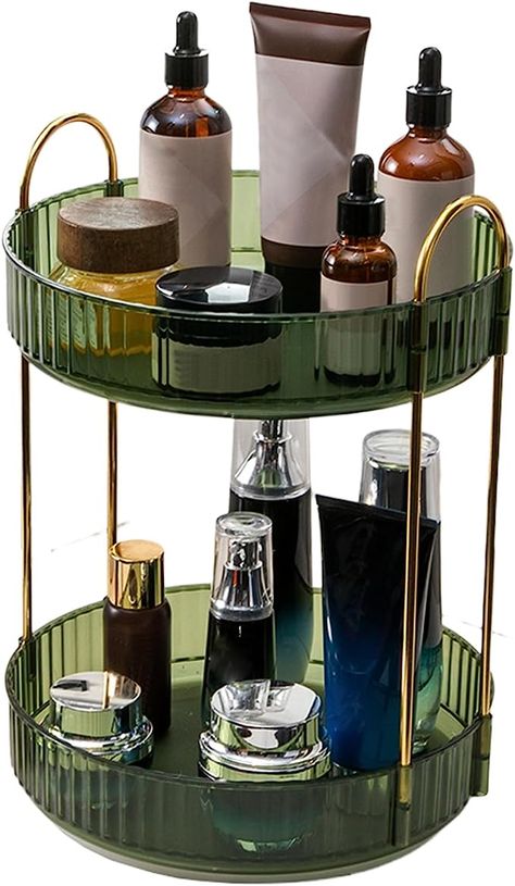 💄【360° Rotation】Cosmetic storage stand comes with 360-degree easy rotation design, which can bring you a more convenient experience. The swivel base is smooth, and the raised edge of the tray can prevent cosmetics from falling when swiveling. 🧴【Large Capacity】The dressing table makeup box has 3 different sizes for you to choose (1 layer, 2 layers and 3 layers), you can store facialcleanser, sunscreen, perfume, nail polish, lipstick, blush through the storage bracket, primer and nail tools. Amazon Bathroom Organization, Products For Glowy Skin, Skincare Organization Bathroom, Clean And Glowing Skin, Makeup Organization Ideas, Diy Makeup Organizer, Bathroom Countertop Storage, Rotating Makeup Organizer, Organize Bathroom Countertop