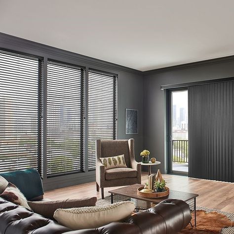 Horizontal Blinds For Sliding Glass Doors, Dark Grey Vertical Blinds, Horizontal Blinds For Windows, Vertical Vs Horizontal, Beautiful Blinds, Custom Window Blinds, Horizontal Blinds, Tall Windows, Custom Blinds