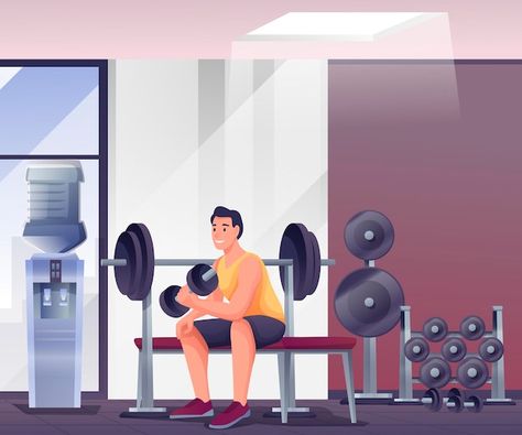 Young man exercising in fitness gym room... | Free Vector #Freepik #freevector #fitness-equipment #weight-lifting #gym-illustration #gym-equipment Gym Animation, Gym Drawing, Exercise Drawing, Gym Illustration, Book Pose, Fitness Illustration, Man Exercising, Workout Art, Sitting On Bench