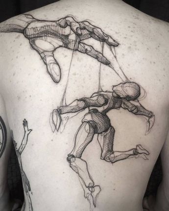 Nice Tattoo Ideas, Marionette Tattoo, Puppet Tattoo, Back Tattoos For Men, Tattoo On The Back, Work Games, Explore Tattoo, Back Tattoos For Guys, Mask Tattoo