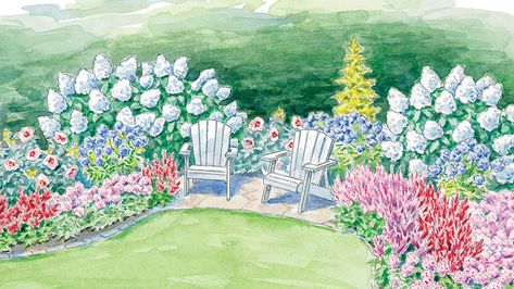 Surround yourself with blooms every summer with this garden plan for a colorful flower border. Deer Resistant Garden, Garden Escape, Large Hydrangea, Flower Garden Plans, Creative Garden Decor, Hydrangea Bloom, Garden Border, Backyard Flowers, Garden Plan