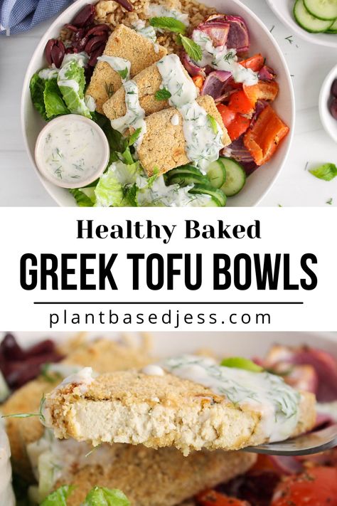 View on a Mediterranean Greek tofu bowl. Greek Vegan Bowl, Mediterranean Tofu Bowl, Greek Tofu Bowl, Greek Tofu, Vegan Picnic Food, Greek Vegetables, Breaded Tofu, Tofu Marinade, Vegan Tzatziki