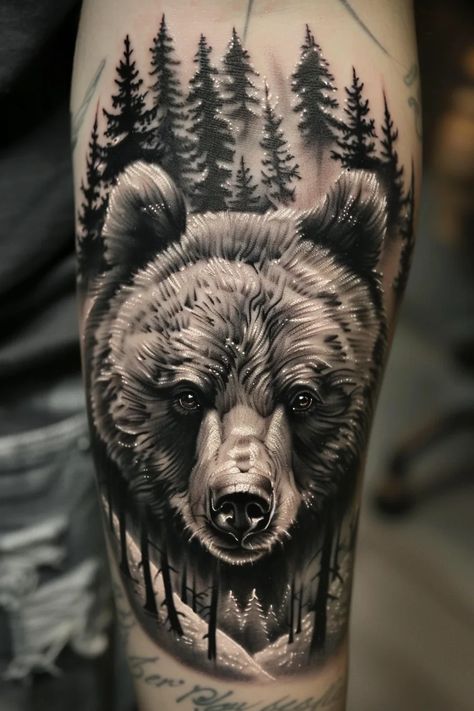 bear tattoo ideas 10 Grizzly Bear Forearm Tattoo, Bear Calf Tattoo, Bear Shoulder Tattoo Men, Bear Cover Up Tattoo, Bear Leg Tattoo, Brown Bear Tattoo, Realistic Bear Tattoo, Grizzly Bear Tattoos, Bear Tattoo Ideas