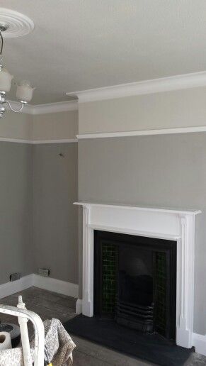 After painting in Dulux matt misty mountain, pebble shore (above picture rail and on ceiling) and white cotton satinwood on woodwork. Dulux Polished Pebble, Ceiling Coving, Hallway Colours, Victorian Living Room, Picture Rail, Misty Mountain, Edwardian House, Front Rooms, Polished Pebble