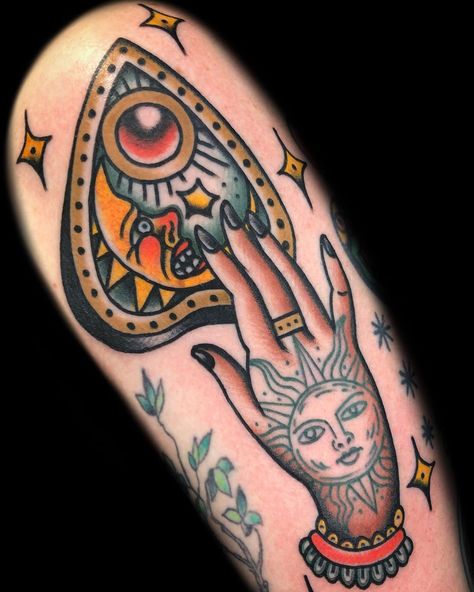 #AARONFRANCIONE #TATTOO #traditionaltattoo #occult #ouija #plancette #hand #sun #tarot #victorian #mystical Ouija Planchette Tattoo Traditional, American Traditional Planchette Tattoo, Witchy Neotraditional Tattoo, Planchette Tattoo Traditional, Planchet Tattoo, Oujia Board Tattoos, Traditional Witch Tattoo, Planchette Tattoo, Holiday Tattoos