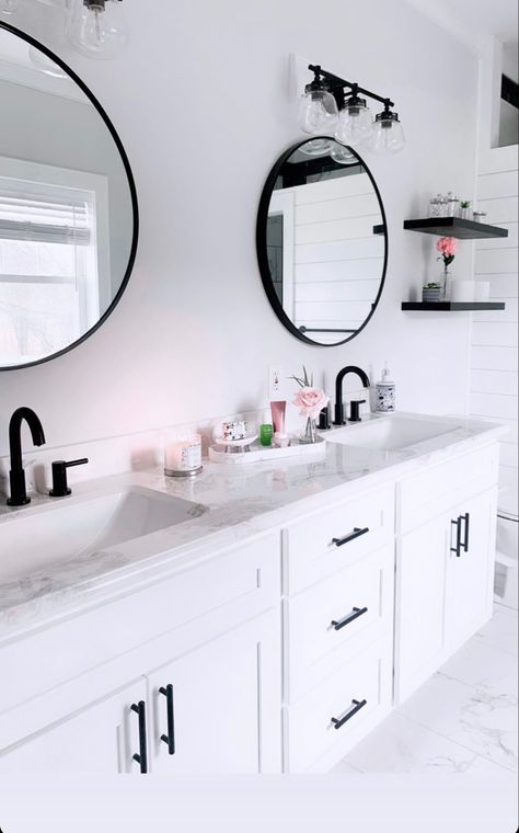 White Bathroom Ideas Modern Master Bath, White Vanity Bathroom Ideas Modern, White Bathroom Cabinets And Countertops, White Cabinets In Bathroom Master Bath, Black And White Bathroom Double Vanity, Bathroom With Black Faucet, Master Bath With White Vanity, Primary Bathroom White Cabinets, Black White And Grey Master Bath