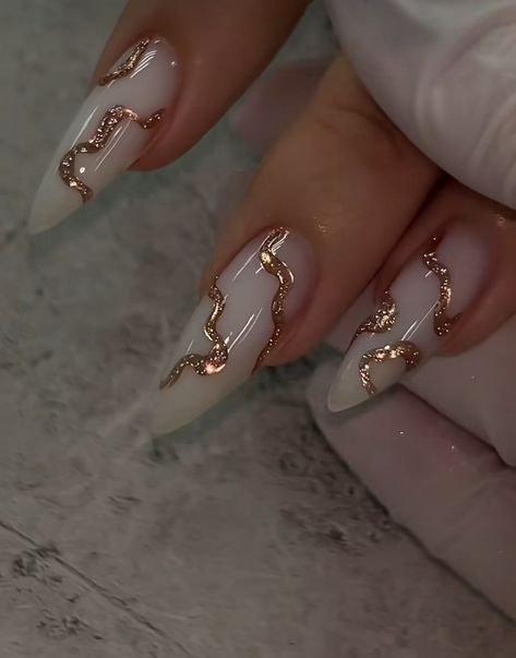 Almond Nails White And Gold, Round Nails Long, Nude Almond Nails With Design, Nail Art Short Nails Simple, Gold Green Nails, French Tips Green, Acrylics Square, White Short Almond Nails, Purple Nails Glitter