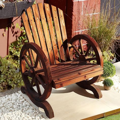 PatioFestival Adirondack Chairs Set of 2 Brown Outdoor Wooden Patio Chair with Wagon Wheel Armrest Wood Knots Wooden Patio Chairs, Front Porch Garden, Wooden Patio, Adirondack Rocking Chair, Folding Adirondack Chairs, Rustic Chair, Dremel Wood Carving, Porch Garden, Outdoor Rocking Chairs