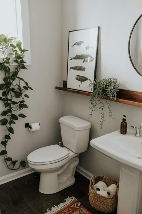 I am loving the long shelf across the whole wall. It really elongates a small bathroom and provides extra surface space. Very handy! Shelf In Bathroom, Small Washroom, Small Bathroom Shelves, Neutral Bathroom Decor, Fall Bathroom Decor, Bathroom Mirror With Shelf, Shelves Over Toilet, Bathroom Shelves Over Toilet, Bathroom Counter Decor