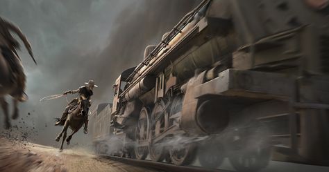 ArtStation - Western2 (train robbery), Roman Chaliy Train Robbery, Splash Images, Western Artwork, Train Art, West Art, Cowboy Art, A Level Art, Personal Project, Epic Art