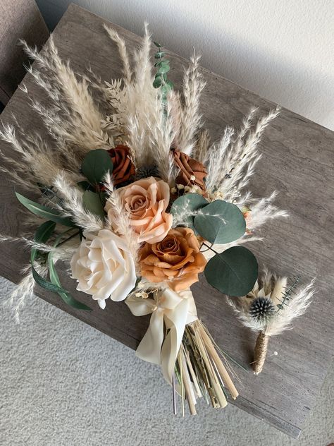 Pampas Wedding Bouquet, Fall Bridal Boho Bouquet, Dried Flowers, Rustic Bouquet, Eucalyptus, Orange Terracotta Ivory - Etsy Western Boho Wedding Bouquet, Wedding Bouquets Western, Western Bridesmaid Bouquet, Boho Fall Wedding Bouquet, October Boho Wedding, Rustic Boho Wedding Bouquet, October Florals, Western Wedding Bouquets, Pampas Wedding Bouquet