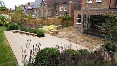 Sloping Garden Ideas, Sloping Garden, Wimbledon Village, York Stone, Sloped Garden, Garden Steps, Garden Images, Garden Office, Small Garden Design