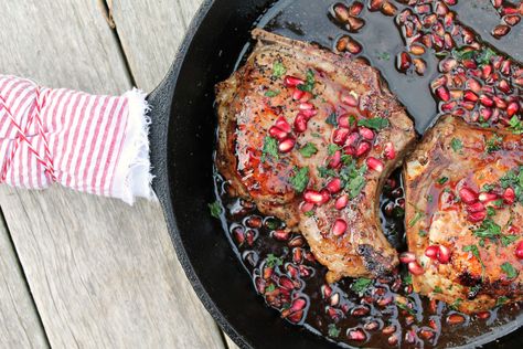 Pomegranate Glazed Pork Chops - Cooking with Books Pomegranate Molasses Uses, Pomegranate Molasses Recipe, Blueberry Cocktail, Thick Cut Pork Chops, Molasses Recipes, Seared Pork Chops, Glazed Pork Chops, Glazed Pork, Fried Pork Chops