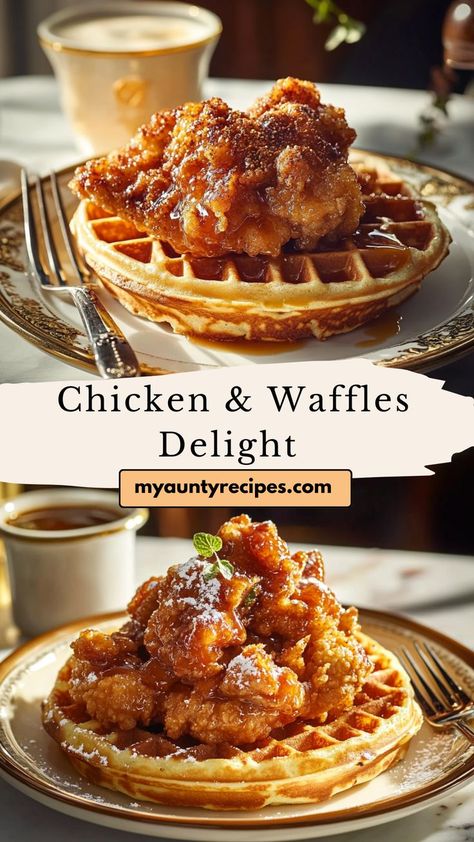 Satisfy your cravings with our Crispy Chicken & Fluffy Waffles Recipe! Juicy, seasoned fried chicken pairs perfectly with light, buttery waffles for a dish that’s both indulgent and comforting. Topped with warm syrup or a spicy honey drizzle, this meal is perfect for any time of day. Whether for breakfast, brunch, or dinner, this classic combination is sure to impress! Joanna Gaines Waffle Recipe, Delicious Waffle Recipe, Chaffle Meals, Spicy Chicken And Waffles Recipe, Eggo Waffle Recipe, Spicy Chicken And Waffles, Chicken And Waffles Appetizer, Homemade Chicken And Waffles, Buttery Waffles