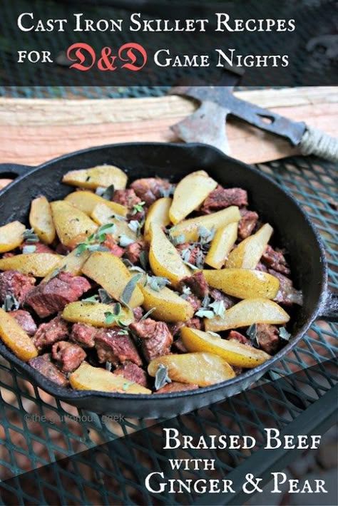 Adventurer's Braised Beef with Ginger and Pear, one of The Gluttonous Geek's cast iron skillet recipes for DnD groups -- perfect for taking your game night outside and rolling some dice around the campfire. Dnd Tavern Meals, Dnd Recipe Ideas, Dungeons And Dragons Food, Dnd Snacks, Adventure Snacks, Taverns Recipe, Nerdy Food, Tavern Food, Dnd Food