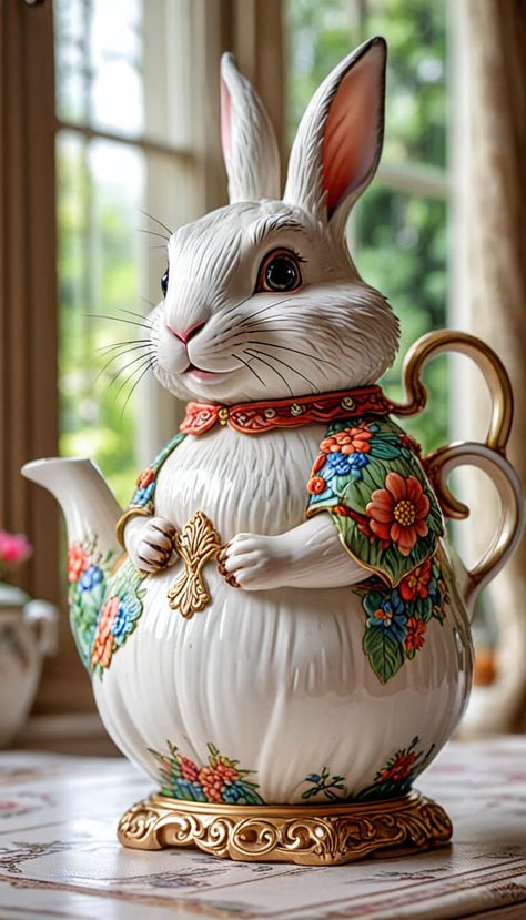 Lovely Rabbit teapot porcelain - AI creation Tea Pots Unique, Tea Pots Art, Crockery Design, Art Deco Artwork, Novelty Teapots, Teapots Unique, Miniature Tea Set, Painted Hats, Beautiful Wallpaper For Phone