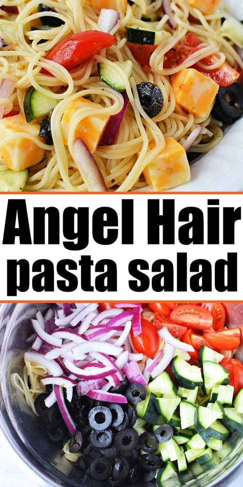 Easy 4 ingredient pasta salad with angel hair pasta, Italian dressing and vegetables. How to cook angel hair pasta for this summer side dish. Angle Hair Pasta Salad, Angel Hair Pasta Salad Recipes Cold, Italian Angel Hair Pasta Recipes, Angel Hair Pasta Salad Cold, Angel Hair Pasta Salad Recipes, Leftover Angel Hair Pasta Recipes, Angel Hair Pasta Salad, Quick And Easy Pasta Salad, Instant Pot Beans Recipe