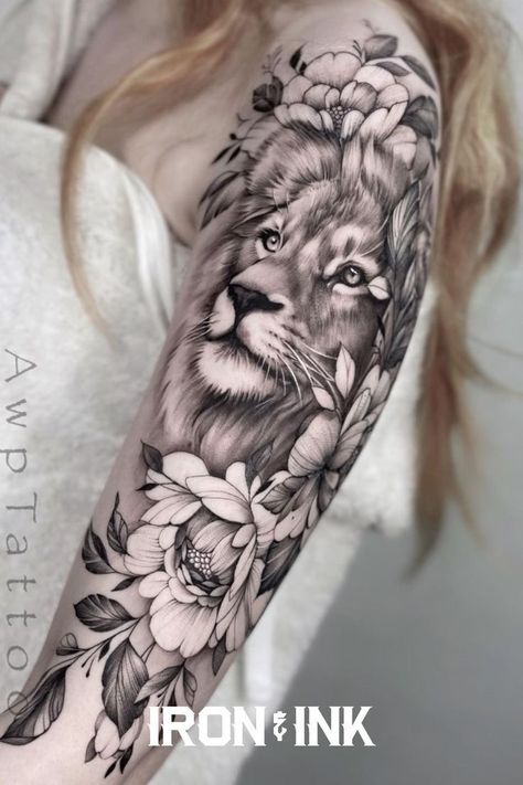 Lion Tattoo With Flowers, Thigh Piece Tattoos, Animal Tattoos For Women, Floral Back Tattoos, Animal Sleeve Tattoo, Lioness Tattoo, Leopard Tattoos, Lion Tattoo Sleeves, Feminine Tattoo Sleeves