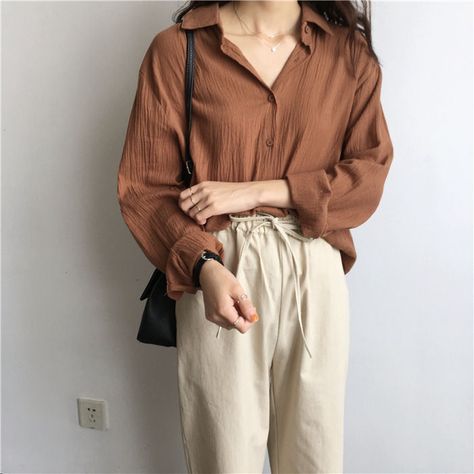 Buy Karnel Crinkled Long-Sleeve Shirt | YesStyle 30s Wardrobe, Korean Fashion Ideas, Clothing Aesthetic, Korean Fashion Outfits, Ootd Ideas, K Fashion, Brown Shirt, Hipster Outfits, Korean Fashion Trends