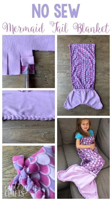 No-Sew Fleece Mermaid Tail Blanket Pattern - Cutesy Crafts Mermaid Tail Blanket Pattern Sewing, Fleece Mermaid Tail Blanket, Fleece Scraps, Mermaid Tail Blanket Pattern, No Sew Crafts, Cape Tutorial, No Sew Blanket, Fleece Sewing, Fleece Sewing Projects