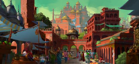 ArtStation - Indian Market, Wang Bingjia Indian City Concept Art, Indian Concept Art Environment, Indian Fantasy City, Indian Fantasy Art, Fantasy Indian, Indian Market, Landscape Concept, Fantasy City, Fantasy Castle