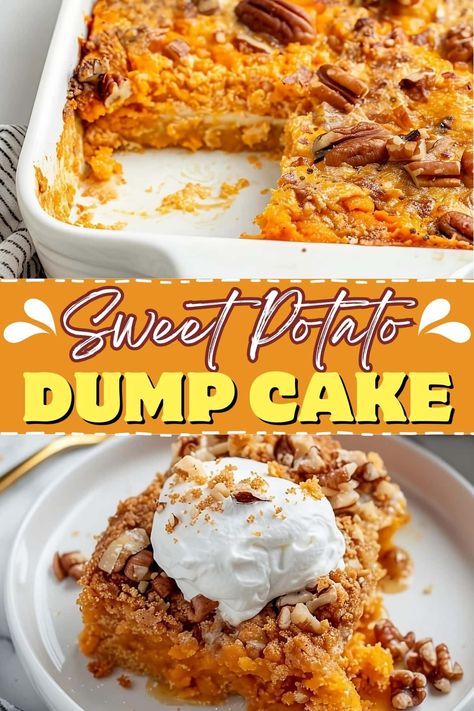 This one-bowl sweet potato dump cake is like a cozy slice of pie without the effort! It's perfect for Thanksgiving and sure to become a new seasonal favorite. Sweet Potato Pie Dump Cake, Easy Sweet Potato Dessert, Sweet Potatoes Cake, Sweet Potato Pie Cake, Sweet Potato Dump Cake Recipes, Sweet Potato Recipes Dessert, Sweet Potato Dump Cake, Carrot Cake Poke Cake, Sweet Potato Desserts