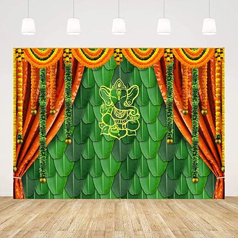 Ticuenicoa 7x5ft India Pooja Traditional Photography Backdrop Banana Leaf Green Chatiya Ganesh Background Puja Ganpati Pooja Mehndi backdrops Decorations Wedding Party Marigold Garlands Photo Props Ganesh Background, Banana Leaf Decor, Leaf Decor Wedding, Photo Tapestry, Traditional Photography, Traditional Festival, Decoration For Ganpati, Festival Background, Green Banana