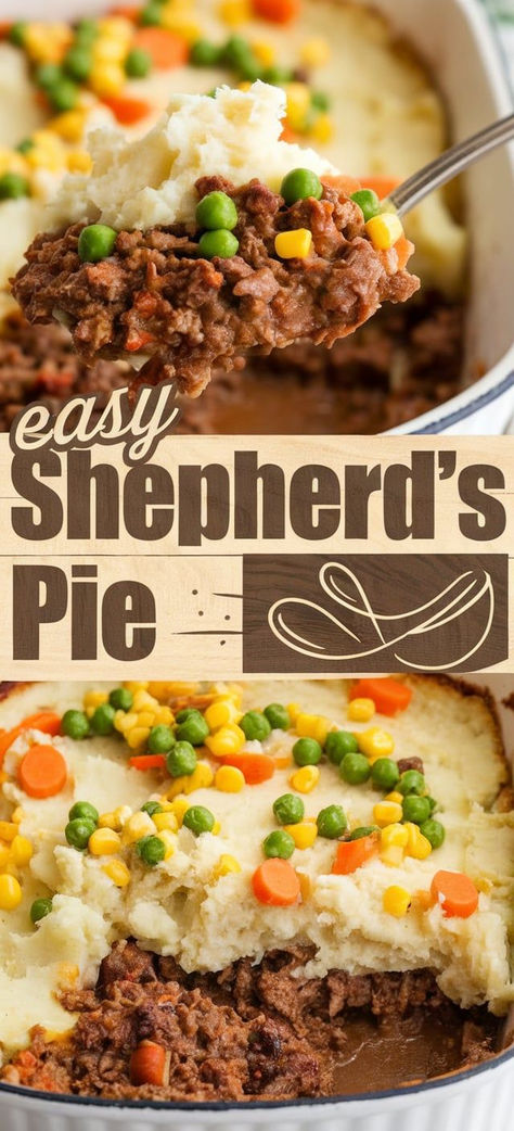 Easy Shepherd’s Pie: a comforting, hearty casserole with layers of seasoned ground beef, tender veggies, and creamy mashed potatoes, baked to golden perfection! Shepherds Pie Recipe With Cheese, Shepherds Pie Recipe With Chicken, Shepherds Pie With Instant Potatoes, Shepard Pie With Ground Beef, Recipe For Shepherd's Pie Ground Beef, Easy Shepard’s Pie, Shepherd's Pie Easy, Shepard Pie Recipes Easy, Sheppards Pie Recipe Ground Beef Easy