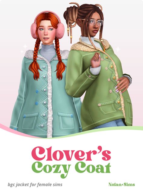 Clover's Cozy Coat | Patreon Female Sims, Cottagecore Clothes, Sims 4 Mm Cc, Tumblr Sims 4, Sims 4 Mm, Sims Four, Sims4 Clothes, Cozy Coats, Sims 4 Cc Packs