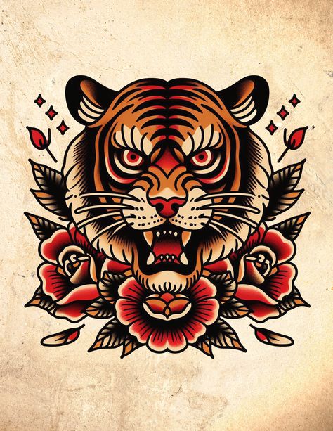 Traditional Coy Fish Tattoo, Flash Sheets Traditional, Army Traditional Tattoo, Stomach Tiger Tattoo, American Traditional Tattoos Patchwork, Dragon Tattoo American Traditional, Tiger American Traditional Tattoo, Oldschool Tattoo Traditional Colour, Traditional Tattoos Tiger