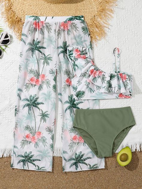 Tween Girl Tropical Print Ruffle Trim Bikini Swimsuit With Cover Up Pants | SHEIN USA Swimsuit With Cover Up, Tropical Vacation Outfits, Cover Up Pants, Skirt Coverup, Swimsuits Outfits, Holiday Clothes, Summer Beach Outfit, Cute Bathing Suits, Swimming Outfit