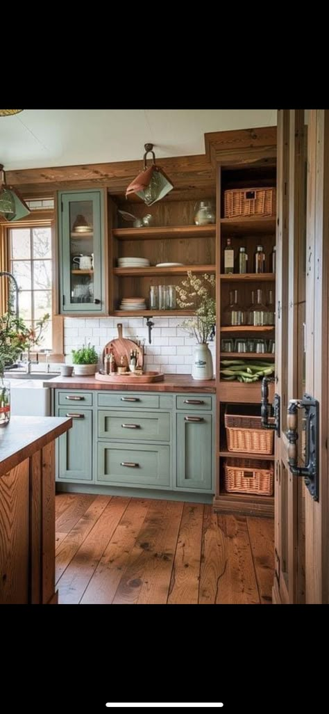 Olive Kitchen, Green Kitchen Cabinets, Cabin Kitchens, Farmhouse Kitchen Design, Cottage Kitchens, Farm Kitchen, Cabin Living, Green Cabinets, Kitchen Redo