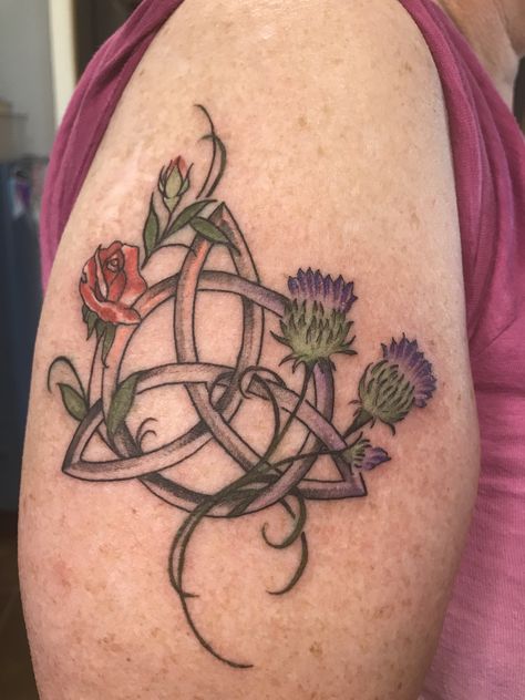 Celtic Knot Sister Tattoo, Celtic Thistle Tattoo, Scottish Knot Tattoo, Irish Scottish Tattoo, Celtic Rose Tattoo, Rose And Thistle Tattoo, Scottish Celtic Tattoo, Celtic Flower Tattoo, Celtic Knot Tattoo For Women