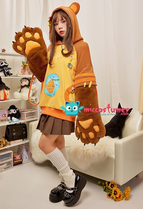 Cat Paw Gloves, Paw Gloves, Big Hoodies, Pattern Hoodie, Bee Pattern, Gloves Design, Embroidery Hoodie, Cute Dress Outfits, Honey Bear