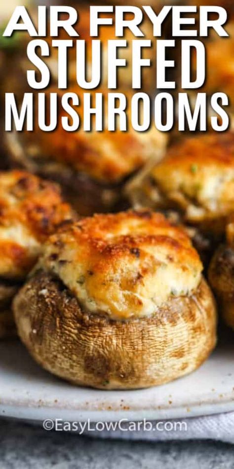 Air Fryer Stuffed Mushrooms are budget friendly, easy to prepare, and take less than 10 minutes in the air fryer.#easylowcarb #airfryerstuffedmushrooms #lowcarbstuffedmushrooms #lowcarb #withcreamcheese #easyrecipe #classicrecipe #easyappetizer #sidedish #mushroomcaprecipe Air Fryer Stuffed Mushrooms, Low Carb Stuffed Mushrooms, Stuffed Mushroom Recipe, Resep Vegan, New Air Fryer Recipes, Keto Air Fryer, Mushroom Recipe, Air Fried Food, Stuffed Mushroom