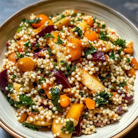 Autumn Pearl Couscous Salad, Chickpea And Couscous Recipes, Healthy Pearl Couscous Recipes, Autumn Couscous Salad, Couscous Lunch Recipes, Salmon And Couscous Recipes, Couscous Recipes Pearl, Seasoned Couscous, Pearled Couscous Recipes