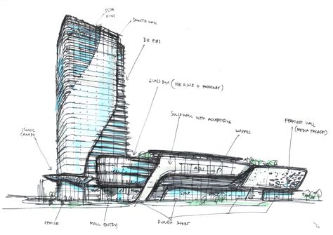 mixed use concept-randy carizo Mall Design, Mix Use Building, Architecture Sketchbook, Architecture Design Sketch, Skyscraper Architecture, Architecture Design Drawing, Building Concept, Architecture Building Design, Architecture Concept Drawings