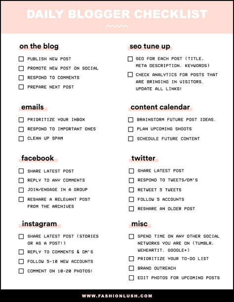 My Daily Blogger Checklist (+ a Cute Free Printable!) How To Start A Blog On Instagram, Daily Business Checklist, Influencer Checklist, Youtube Checklist, Daily Blog Post Ideas, Blogging Checklist, Starting A Blog Checklist, Social Media Daily Checklist, Blog Checklist For Beginners