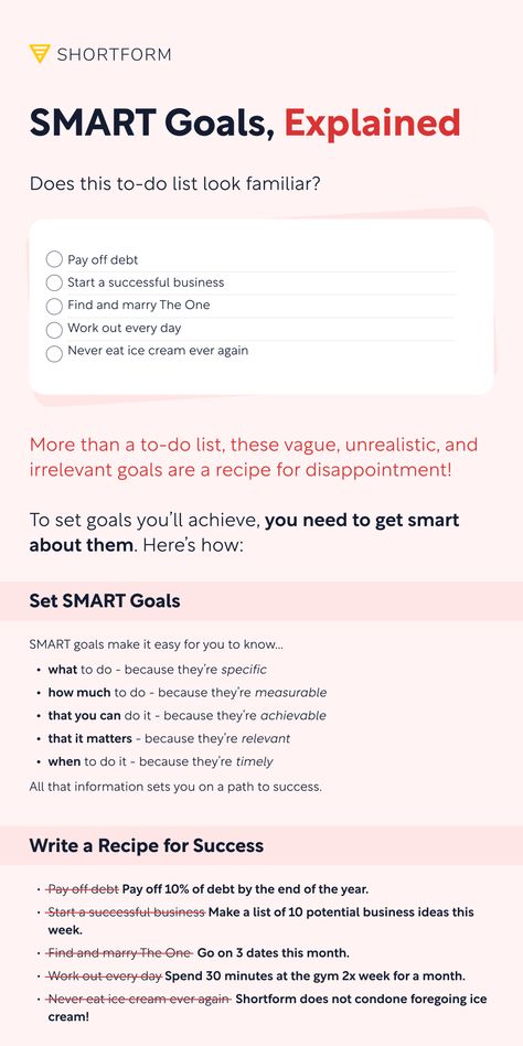 Are you the kind of person who sets resolutions in January, and forgets them by February? Then you need to start doing this! In Smarter Faster Better, Charles Duhigg talks about 2 benefits of setting SMART goals: 💪 SMART goals are motivating because you have a clear plan to follow. ⌛ SMART goals encourage discipline: you’ve got a deadline to meet. #smartgoalsetting #2024goals #secretstosuccess #getmotivated Goals Checklist, Smarter Goals, Charles Duhigg, Smart Goals Examples, Goal Examples, Smart Goal Setting, Fast Good, Finding Motivation, Creating Goals