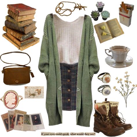 Diana Bishop Outfits, Hobbit Inspired Outfits Casual, Corrage Core Outfit, Green Acedamia Outfits, Goblincore Long Sleeve Tops For Fall, Gardener Outfit, Nature Outfits Aesthetic, Curvy Fall Fashion, Vintage Hipster Outfits