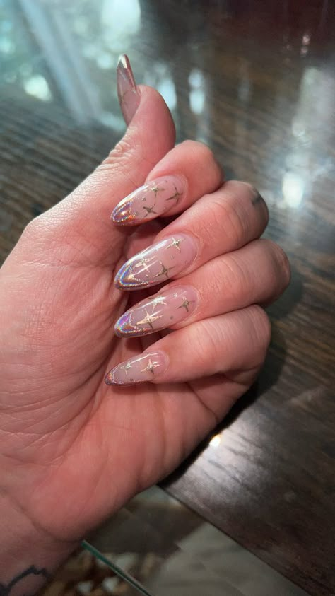 Anime Sparkle Nails, Young Miko Nails Inspired, Fae Inspired Nails, Ethereal Nail Designs, Angelic Nails Aesthetic, Princess Aesthetic Nails, Sailor Moon Nails Simple, Fairy Almond Nails, Fairy Vibe Nails