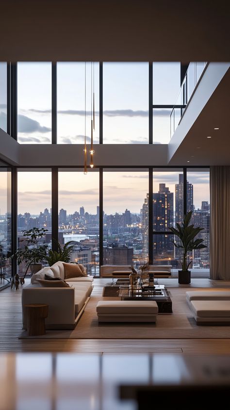 Modern Skyline View Apartment Skyline View Apartments, Modern Apartment White, Seattle Loft Apartment, Los Angeles Penthouse Apartment, Chicago Penthouse Aesthetic, Toronto Condo Aesthetic, Cozy Penthouse Apartment, Manhattan Apartment Aesthetic, Apartment With Big Windows