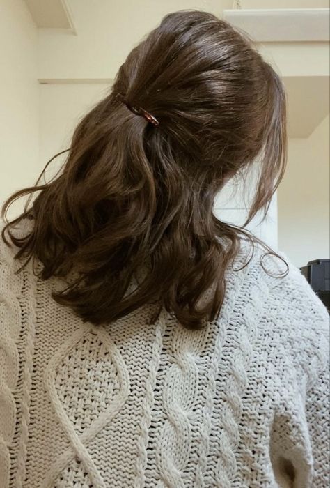 Classic Medium Haircut, Shoulder Length Hair Inspo Aesthetic, Hairstyles For Autumn 2024, Short Brown Hair Half Up Half Down, Medium Brown Hair Hairstyles, Medium Length Fall Hairstyles, Brown Wavy Hair Half Up Half Down, Short Brown Hair Haircuts, Messy Hair Half Up Half Down