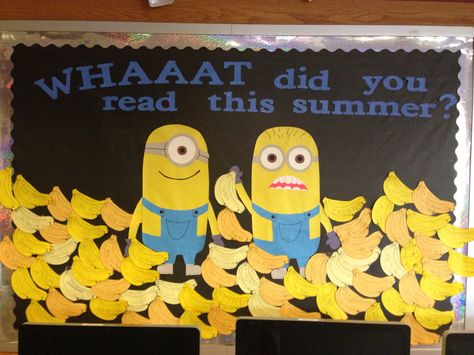 Summer reading bulletin board with Minions! Find Your Voice Summer Reading, Summer Reading 2023, Minion Bulletin Board, Fall Library Displays, Minion Room, Minion Classroom Theme, Minion Classroom, Reading Bulletin Board, Door Bulletin Boards