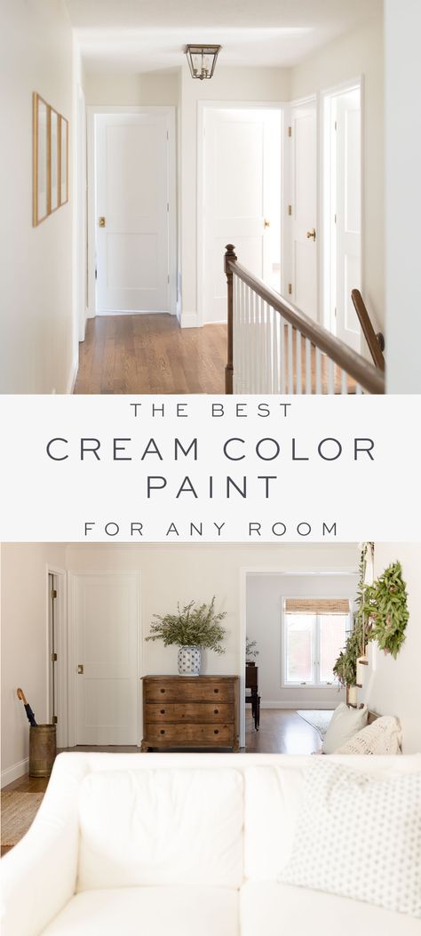 Cream color paint is a warm neutral wall color that fits just about every home and every room. The best cream paint colors for walls – these warm white paint colors are all around easy to use. Cozy Cream Paint Colors, Cream White Wall Color, White Cabinets Off White Walls, Cream And White Walls, Bm White Down, White Trim Cream Walls, Soft White Wall Paint, Ancient Ivory Benjamin Moore, Sw Creamy Walls