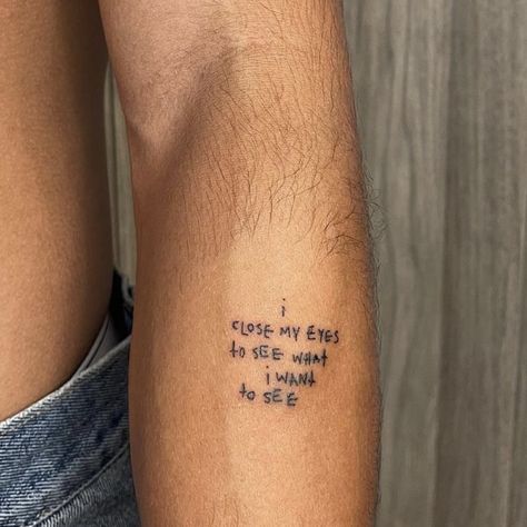 Mens Text Tattoo, Patchwork Word Tattoo, Patchwork Text Tattoo, Patchwork Writing Tattoo, Regret Tattoo Ideas, Minimalist Tattoos Men, Men’s Fineline Tattoo, Small Forearm Tattoo Men Simple, Is It Better To Speak Or To Die Tattoo