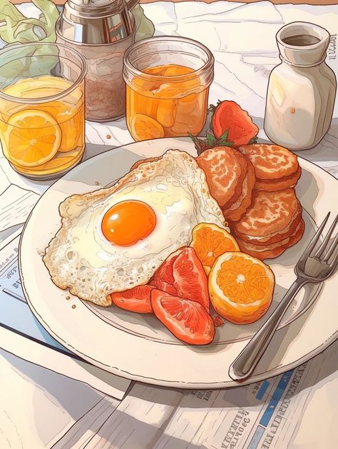 Breakfast Art Drawing, Ghibli Food Art, Anime Breakfast, Ghibli Food, 귀여운 음식 그림, Food Drawings, Foodie Art, Food Artwork, Kawaii Cooking